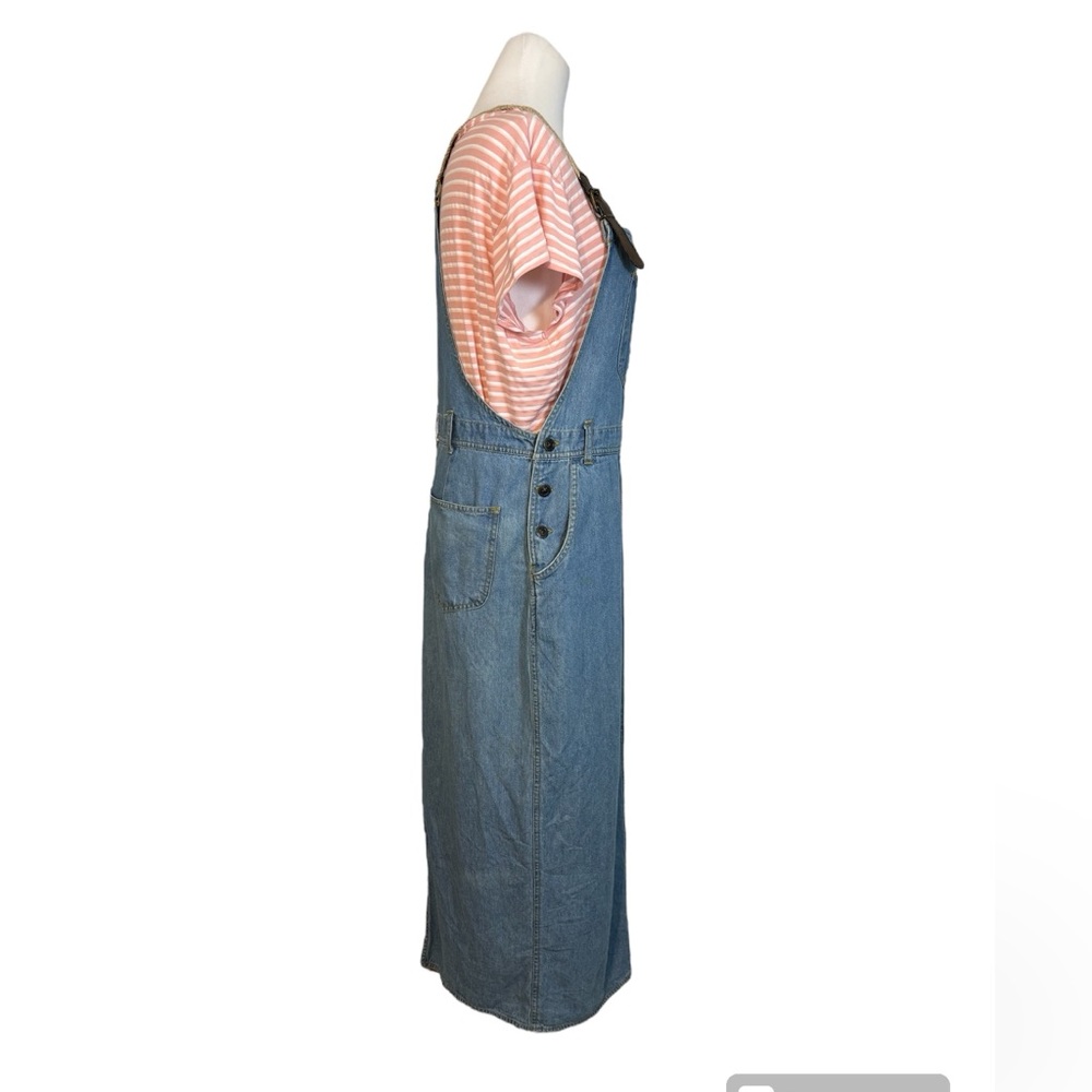 Vintage 80’s Cotton Blue Denim Overall Buckle Midi Sheath Jumper Dress- Large - Picture 4 of 8
